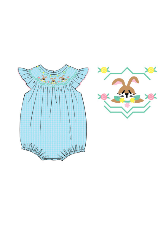 The Smocked Flamingo Apparel & Accessories Pre-Order Smocked Turquoise Gingham Seersucker Easter Bunny Bubble