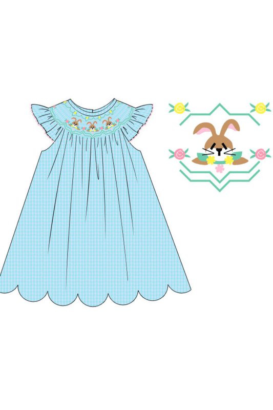 The Smocked Flamingo Apparel & Accessories Pre-Order Smocked Turquoise Gingham Seersucker Easter Bunny Dress