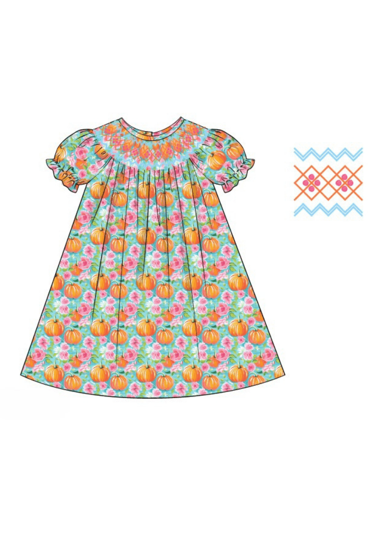 The Smocked Flamingo Apparel & Accessories Pre-Order Smocked Turquoise Heirloom Floral Pumpkin Dress