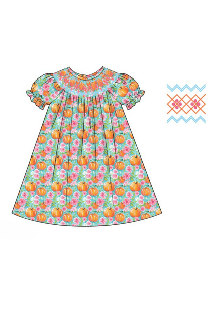 The Smocked Flamingo Apparel & Accessories Pre-Order Smocked Turquoise Heirloom Floral Pumpkin Dress