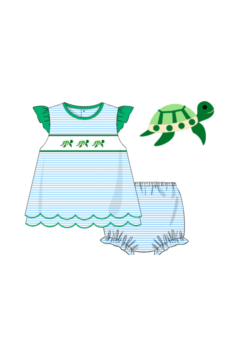 The Smocked Flamingo Apparel & Accessories Pre-Order Smocked Turtle Blue/Green Stripe Bloomer Set