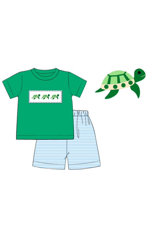 The Smocked Flamingo Apparel & Accessories Pre-Order Smocked Turtle Blue/Green Stripe Short Set