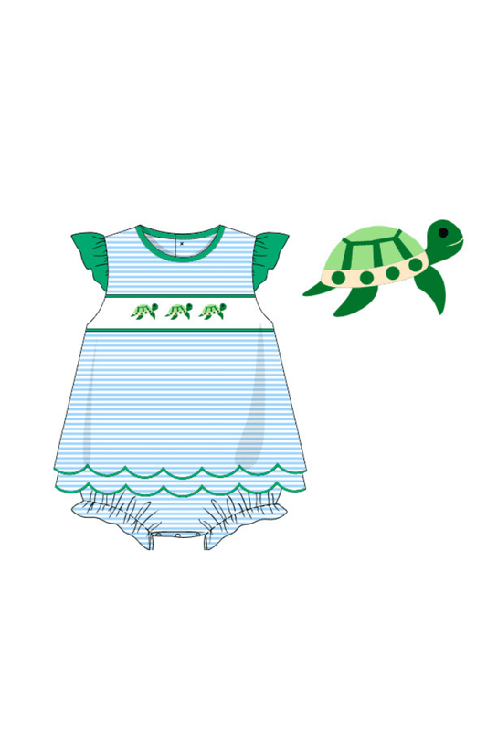 The Smocked Flamingo Apparel & Accessories Pre-Order Smocked Turtle Blue/Green Stripe Skirted Bubble