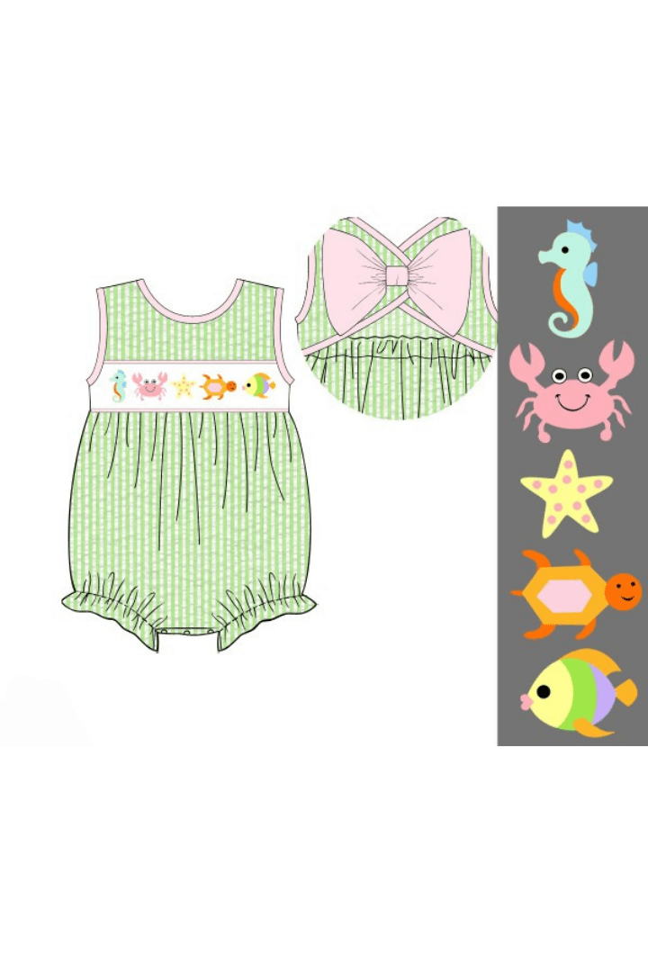 The Smocked Flamingo Apparel & Accessories Pre-Order Smocked Under The Sea Green Seersucker Bubble