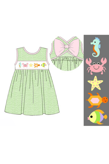 The Smocked Flamingo Apparel & Accessories Pre-Order Smocked Under The Sea Green Seersucker Dress