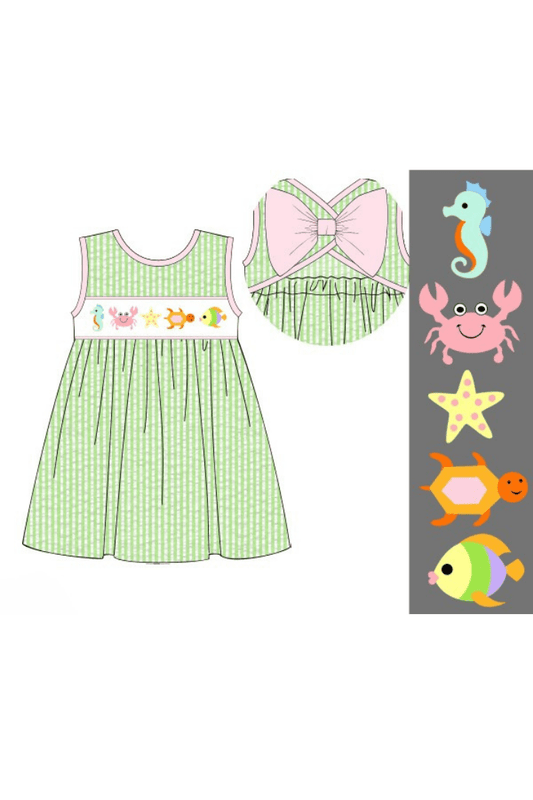 The Smocked Flamingo Apparel & Accessories Pre-Order Smocked Under The Sea Green Seersucker Dress