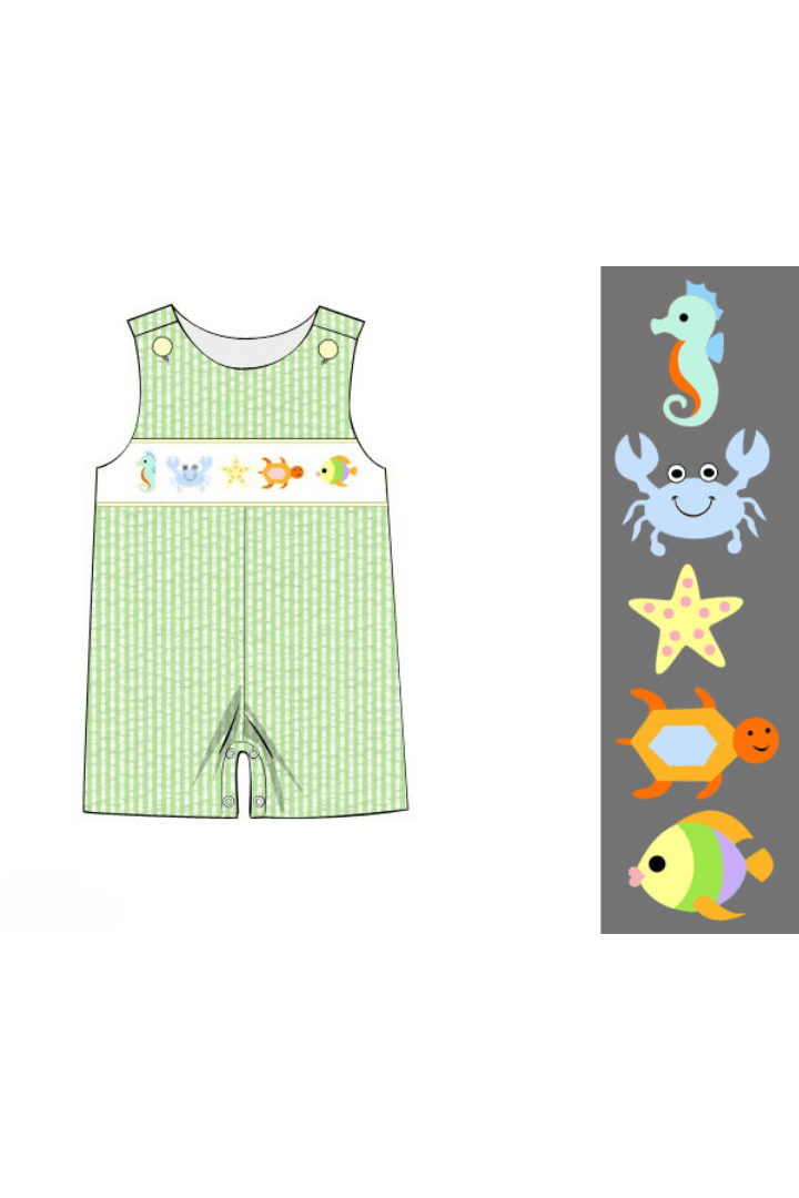 The Smocked Flamingo Apparel & Accessories Pre-Order Smocked Under The Sea Green Seersucker Jon Jon