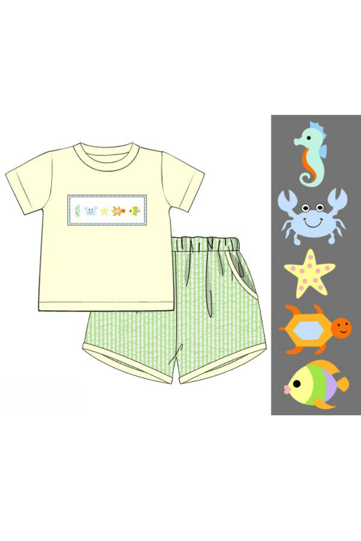 The Smocked Flamingo Apparel & Accessories Pre-Order Smocked Under The Sea Yellow/Green Seersucker Short Set