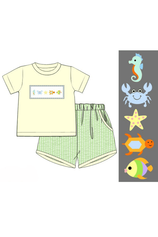 The Smocked Flamingo Apparel & Accessories Pre-Order Smocked Under The Sea Yellow/Green Seersucker Short Set