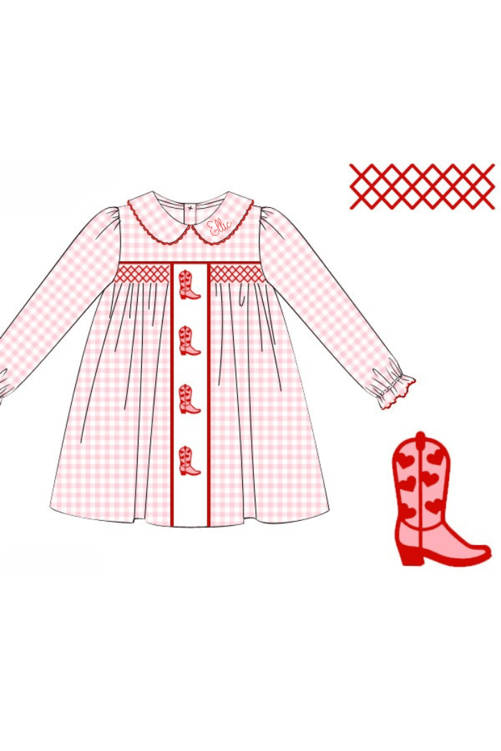 The Smocked Flamingo Apparel & Accessories Pre-Order Smocked Valentine Boots Pink Gingham Dress
