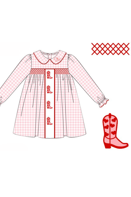 The Smocked Flamingo Apparel & Accessories Pre-Order Smocked Valentine Boots Pink Gingham Dress