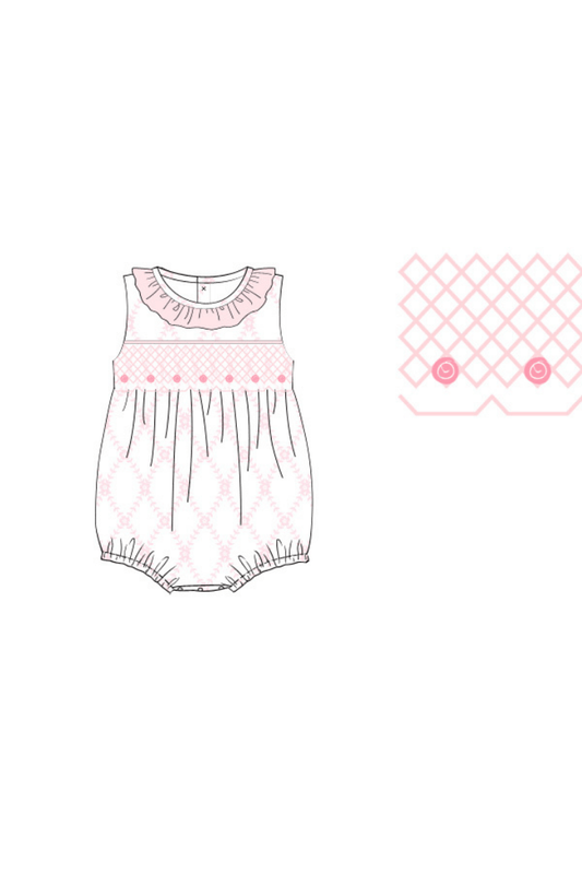 The Smocked Flamingo Apparel & Accessories Pre-Order Smocked White and Pink Heirloom Trellis Bubble