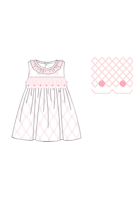 The Smocked Flamingo Apparel & Accessories Pre-Order Smocked White and Pink Heirloom Trellis Dress