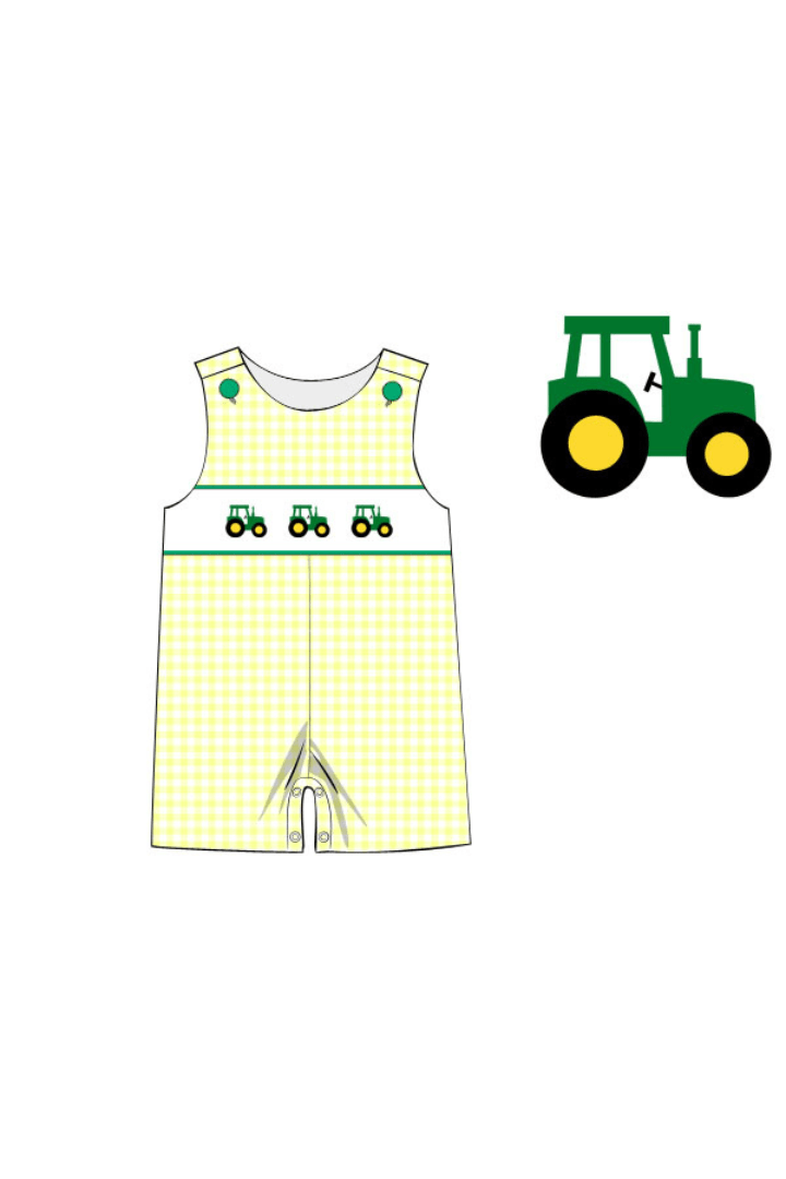 The Smocked Flamingo Apparel & Accessories Pre-Order Smocked Yellow Green Tractor Jon Jon