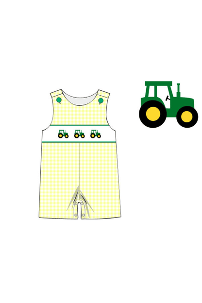 The Smocked Flamingo Apparel & Accessories Pre-Order Smocked Yellow Green Tractor Jon Jon