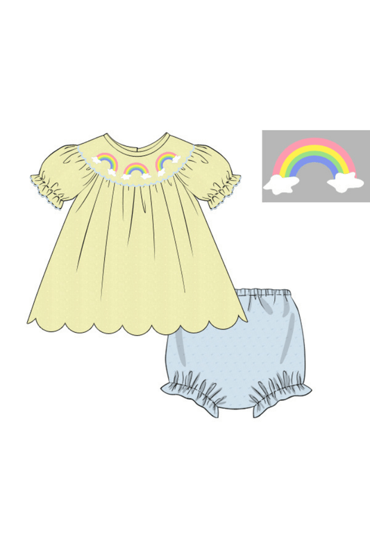 The Smocked Flamingo Apparel & Accessories Pre-Order Smocked Yellow Swiss Dot Rainbow Bloomer Set