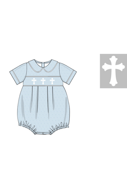 The Smocked Flamingo Apparel & Accessories Pre-Order Socked Cross Blue Swiss Dot Boy Bubble