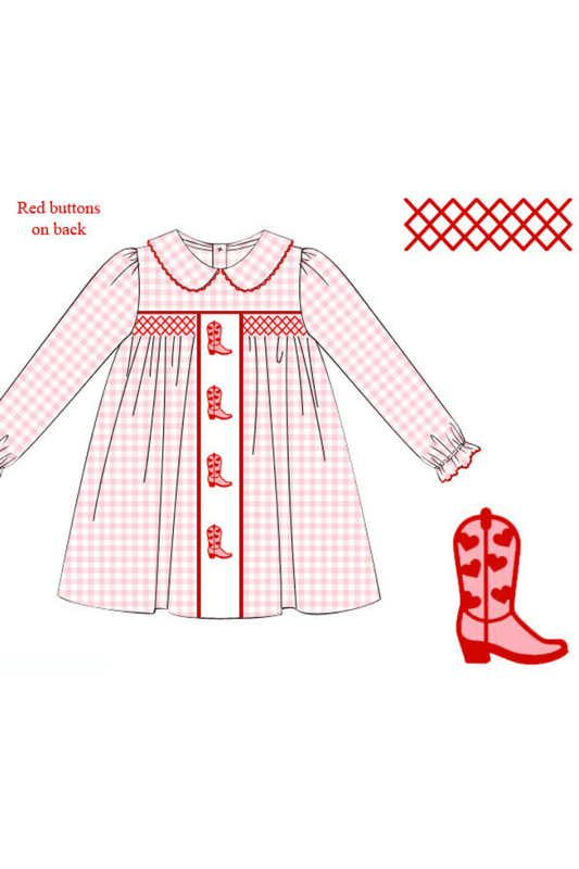 The Smocked Flamingo Apparel & Accessories Pre-Order Sweet Cowgirl Boots Pink Gingham Dress