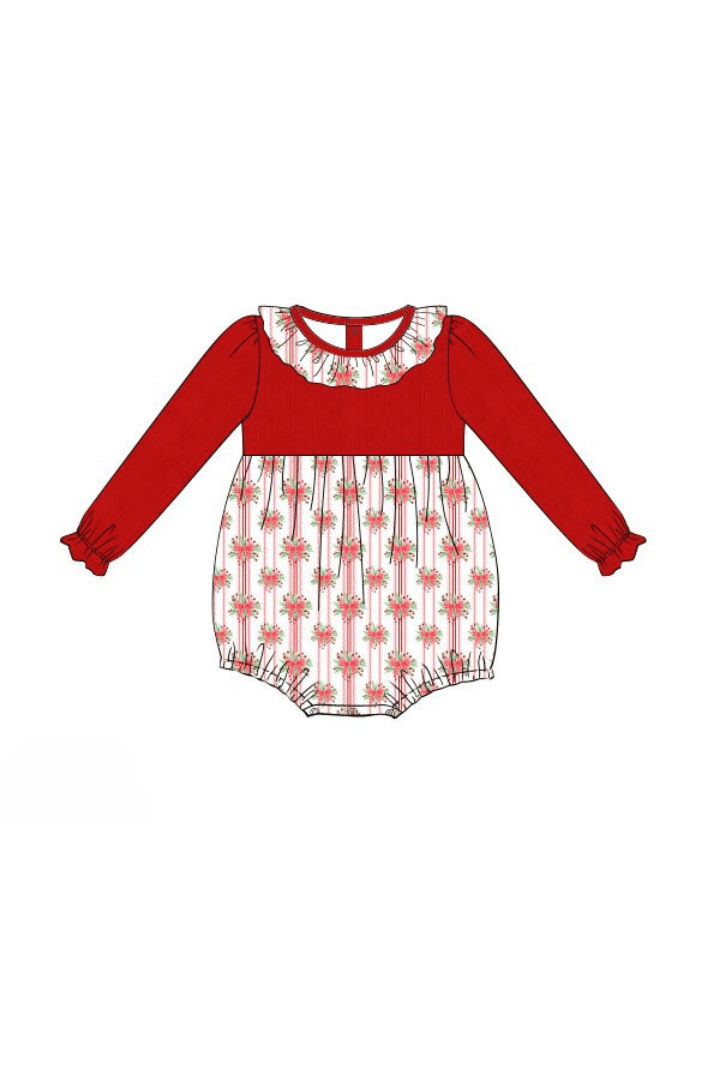 The Smocked Flamingo Apparel & Accessories Pre-Order Sweet Holly Bow Red Corduroy Bubble