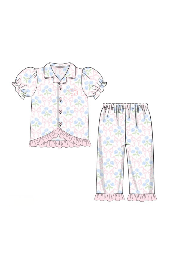 The Smocked Flamingo Apparel & Accessories Pre-Order Sweet Hydrangea Bow Ruffle Lounge Set