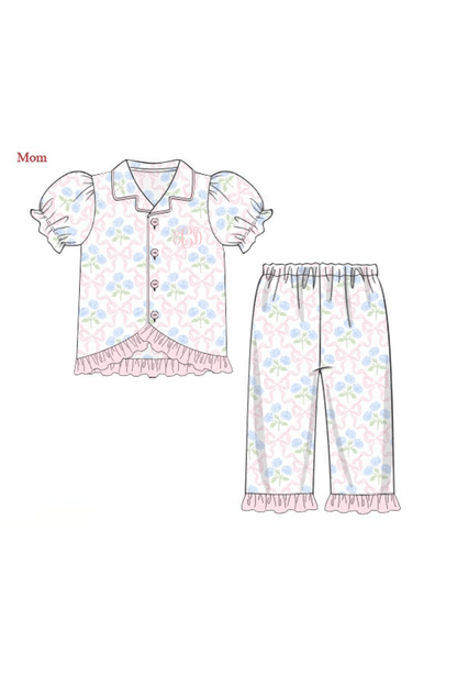 The Smocked Flamingo Apparel & Accessories Pre-Order Sweet Hydrangea Bow Ruffle Mom Lounge Set