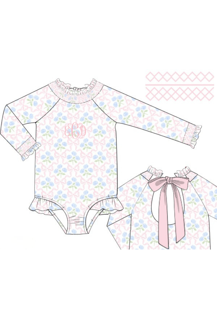 The Smocked Flamingo Apparel & Accessories Pre-Order Sweet Hydrangea Bow Smocked Swimsuit