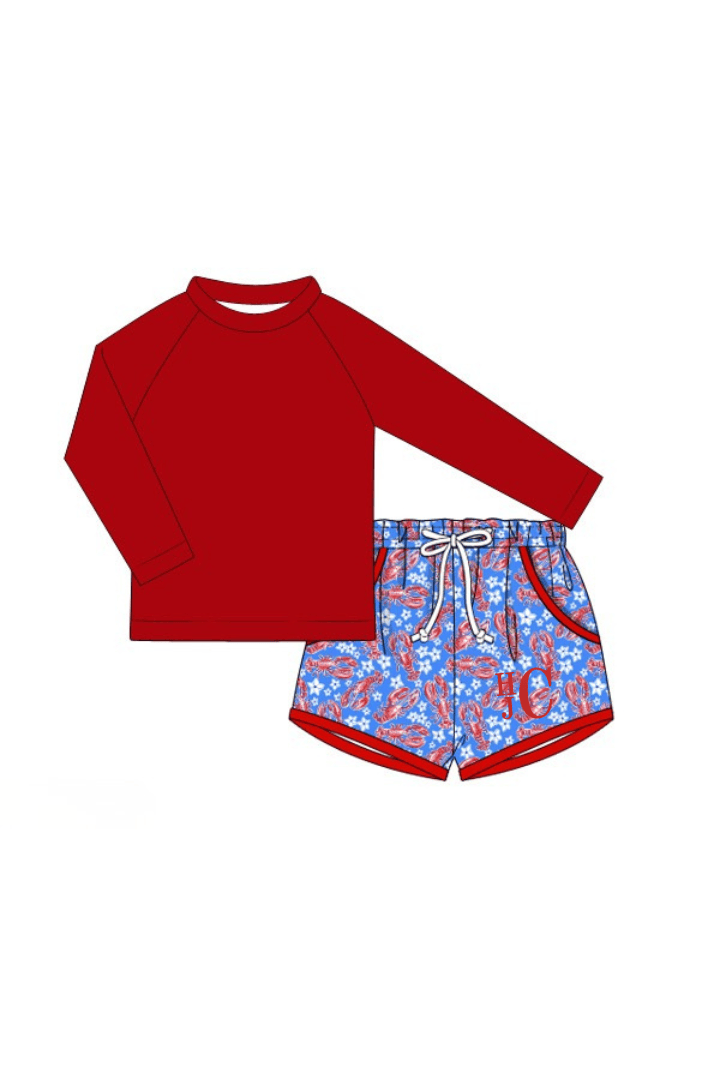 The Smocked Flamingo Apparel & Accessories Pre-Order Sweet Lobster Red and Blue Rashguard Swim Trunks Set