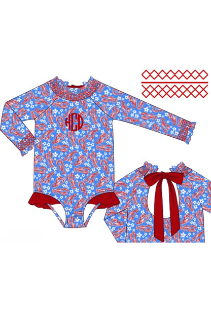 The Smocked Flamingo Apparel & Accessories Pre-Order Sweet Lobster Red and Blue Smocked Swimsuit