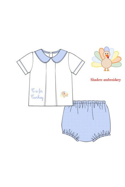 The Smocked Flamingo Apparel & Accessories Pre-Order T is for Turkey Shadow Embroidery Diaper Set