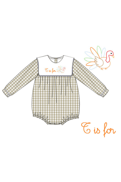 The Smocked Flamingo Apparel & Accessories Pre-Order T is for Turkey Shadow Embroidery Khaki Gingham Bubble