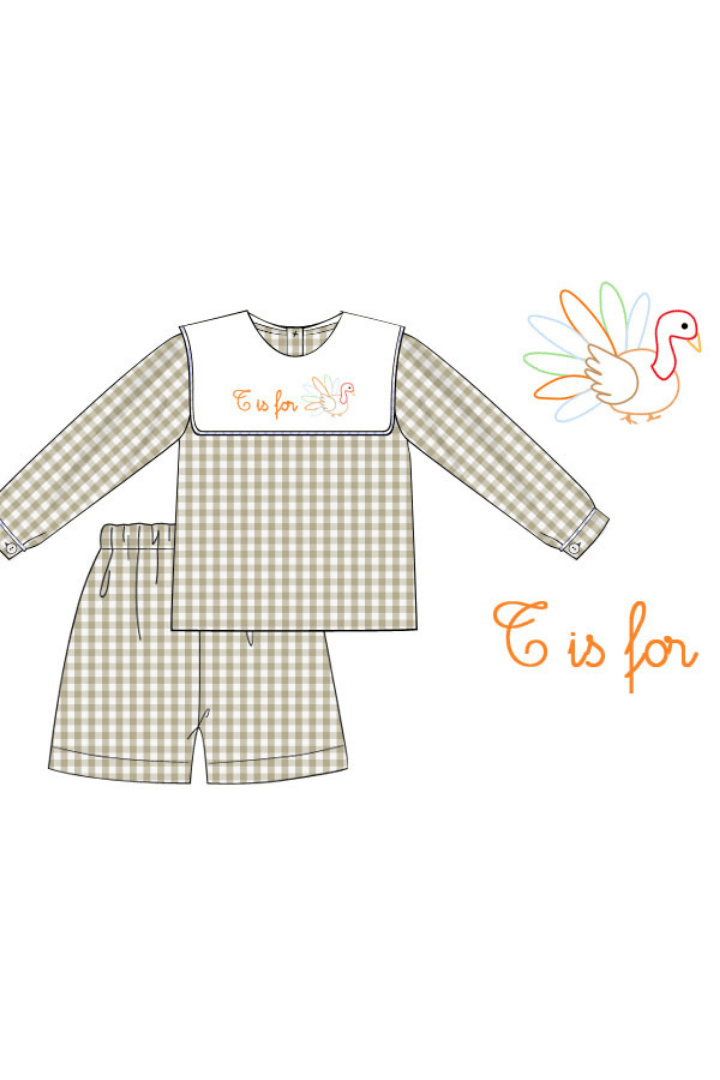 The Smocked Flamingo Apparel & Accessories Pre-Order T is for Turkey Shadow Embroidery Khaki Gingham Short Set
