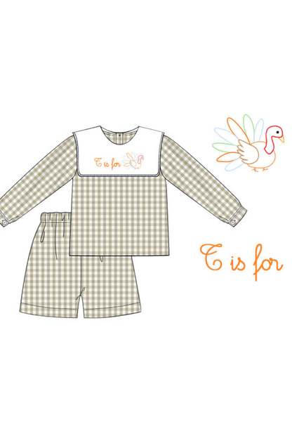 The Smocked Flamingo Apparel & Accessories Pre-Order T is for Turkey Shadow Embroidery Khaki Gingham Short Set