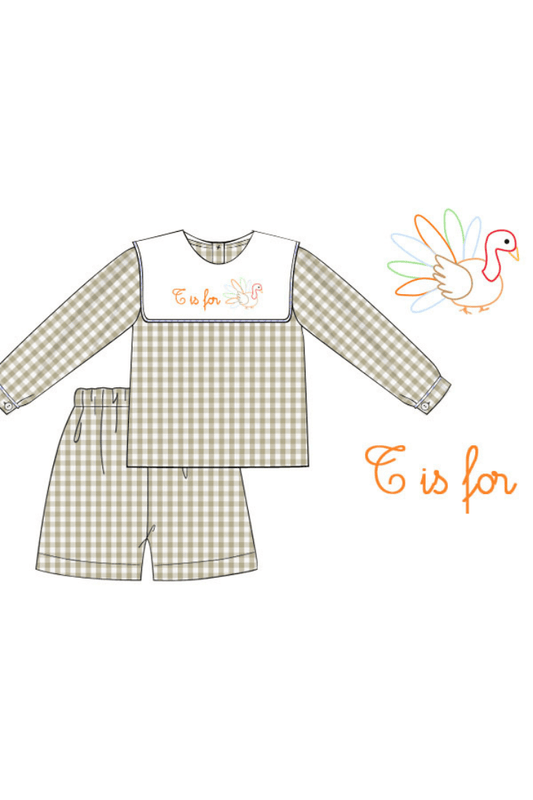 The Smocked Flamingo Apparel & Accessories Pre-Order T is for Turkey Shadow Embroidery Khaki Gingham Short Set