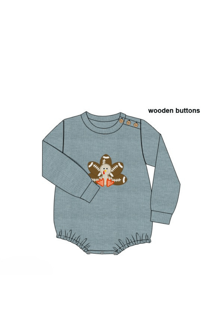 The Smocked Flamingo Apparel & Accessories Pre-Order Touchdown Turkey Applique Blue Cardigan Bubble