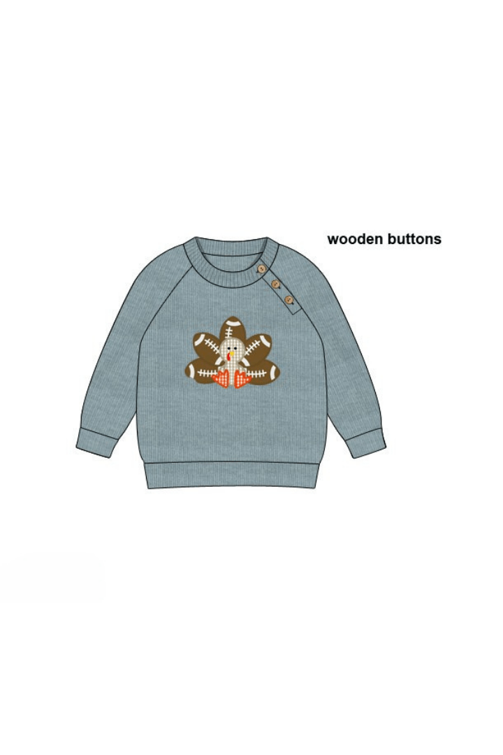 The Smocked Flamingo Apparel & Accessories Pre-Order Touchdown Turkey Applique Blue Cardigan Pullover