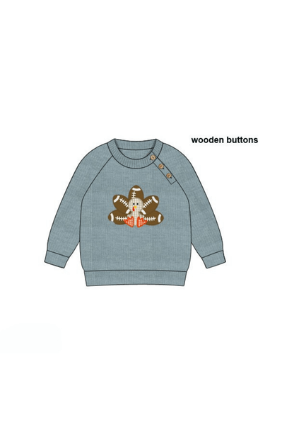 The Smocked Flamingo Apparel & Accessories Pre-Order Touchdown Turkey Applique Blue Cardigan Pullover
