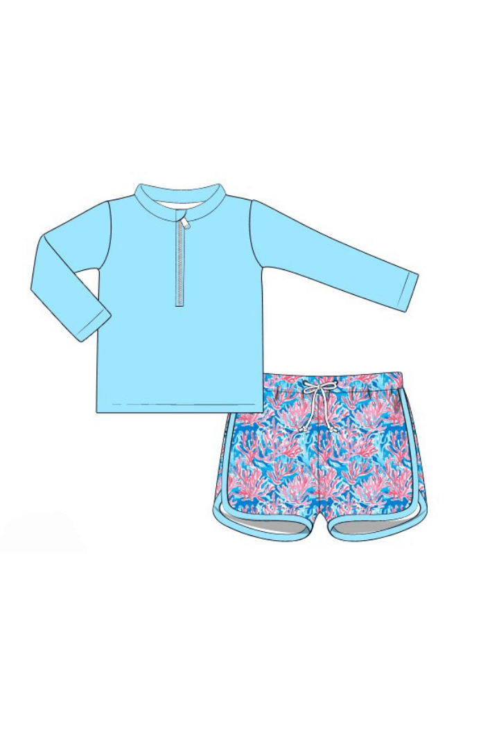 The Smocked Flamingo Apparel & Accessories Pre-Order Tropical Blue Swim Trunks and Rash Guard