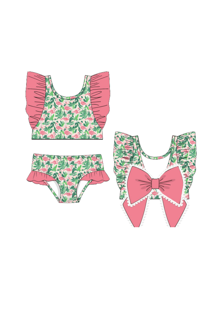 The Smocked Flamingo Apparel & Accessories Pre-Order Tropical Coral Flamingo 2 Piece Bow Swim Suit