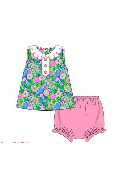 The Smocked Flamingo Apparel & Accessories Pre-Order Tropical Floral Scalloped Bloomer Set