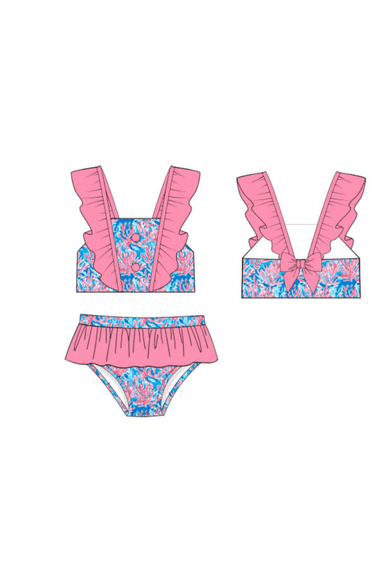 The Smocked Flamingo Apparel & Accessories Pre-Order Tropical Pink Ruffle 2 Piece Swim Suit