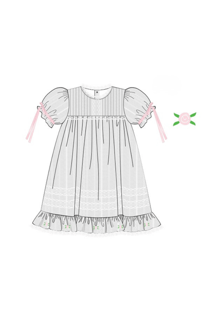 The Smocked Flamingo Apparel & Accessories Pre-Order White Linen Heirloom Rosette Dress