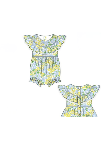 The Smocked Flamingo Apparel & Accessories Pre-Order Yellow and Blue Floral Ruffle Bubble
