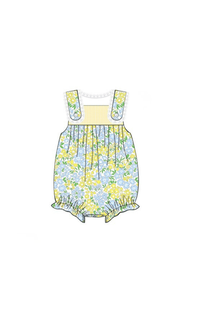 The Smocked Flamingo Apparel & Accessories Pre-Order Yellow and Blue Floral Ruffle Bubble