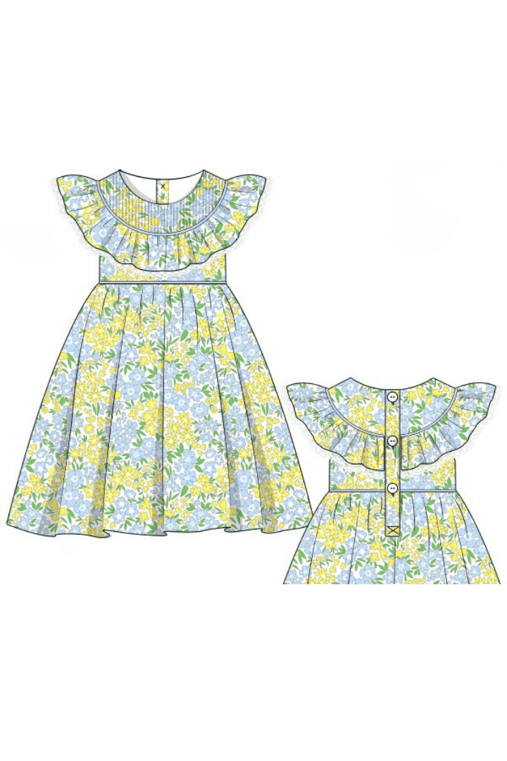 The Smocked Flamingo Apparel & Accessories Pre-Order Yellow and Blue Floral Ruffle Dress