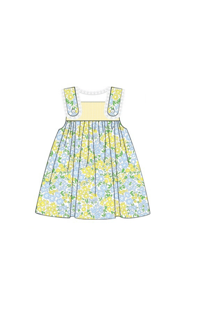 The Smocked Flamingo Apparel & Accessories Pre-Order Yellow and Blue Floral Ruffle Dress