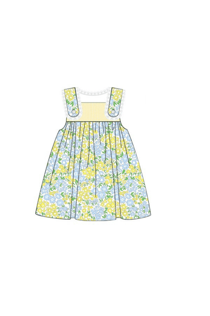 The Smocked Flamingo Apparel & Accessories Pre-Order Yellow and Blue Floral Ruffle Dress