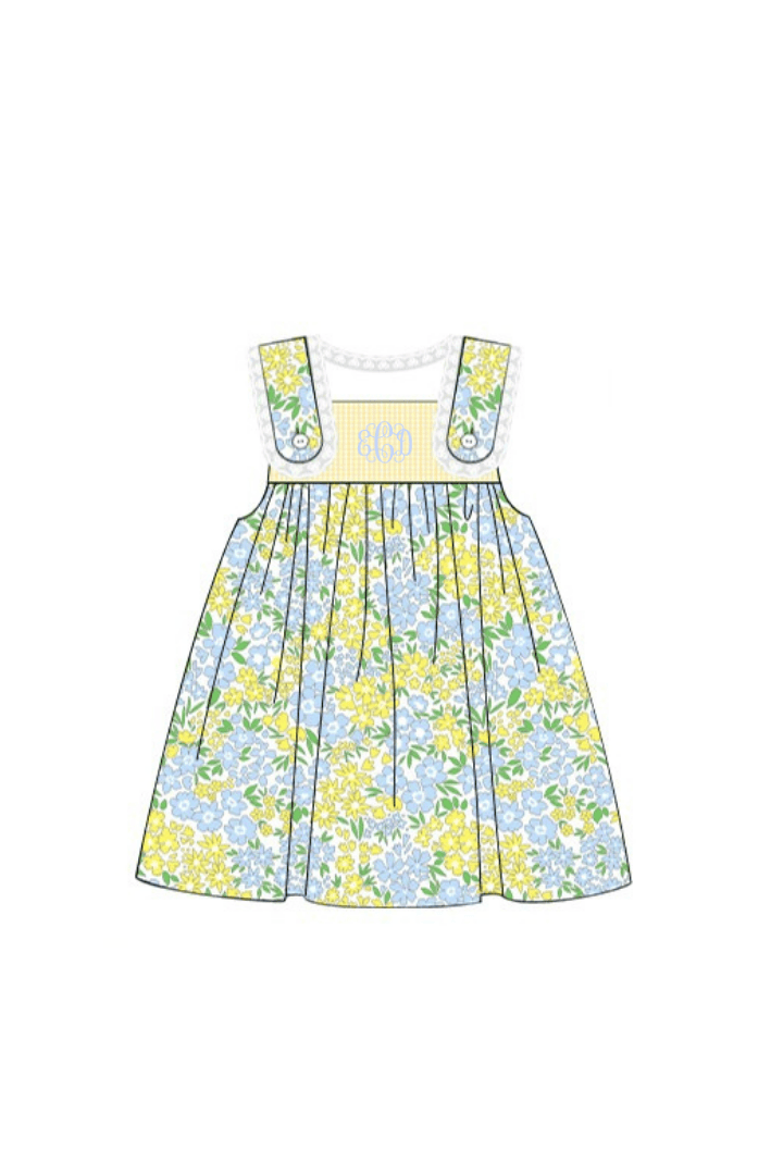 The Smocked Flamingo Apparel & Accessories Pre-Order Yellow and Blue Floral Ruffle Dress