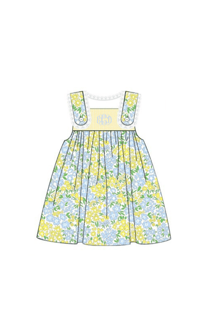 The Smocked Flamingo Apparel & Accessories Pre-Order Yellow and Blue Floral Ruffle Dress