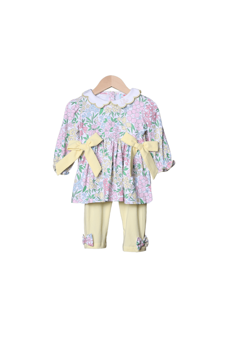 The Smocked Flamingo Apparel & Accessories Pre-Order Yellow and Pink Floral Knit Pant Set