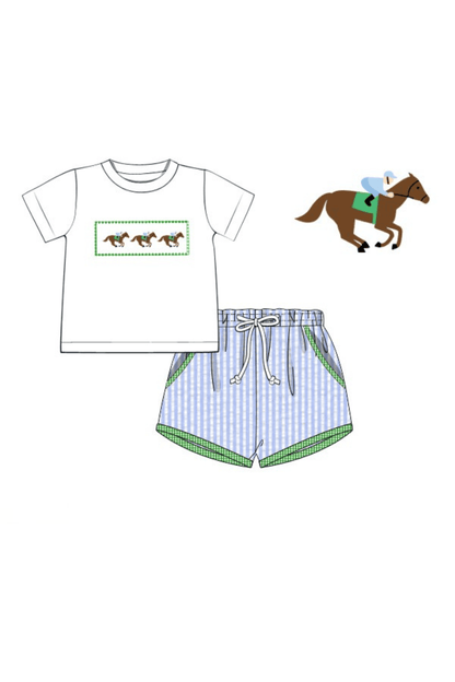 The Smocked Flamingo Apparel & Accessories Pre-Oreder Smocked Blue Seersucker Derby Short Set